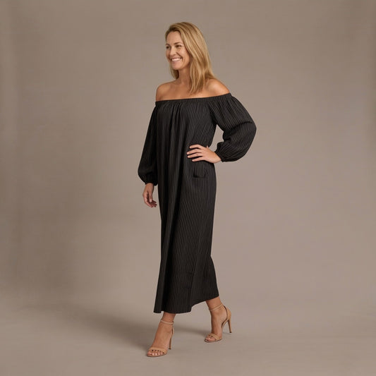 Off Shoulder Dress, Relaxed Pinstripe Maxi Dress with Long Gathered Sleeves and Side Pockets
