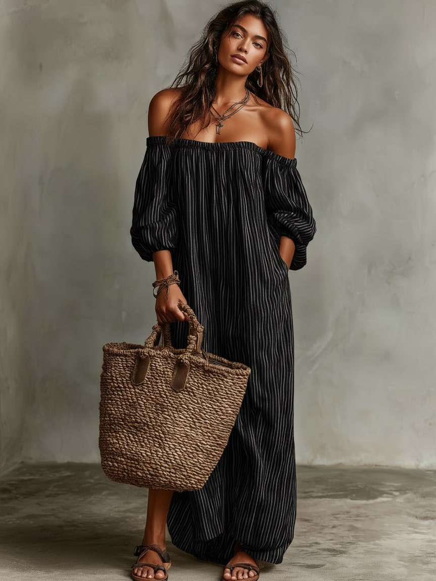 Off Shoulder Dress, Pinstripe Maxi Dress with Long Sleeves 2