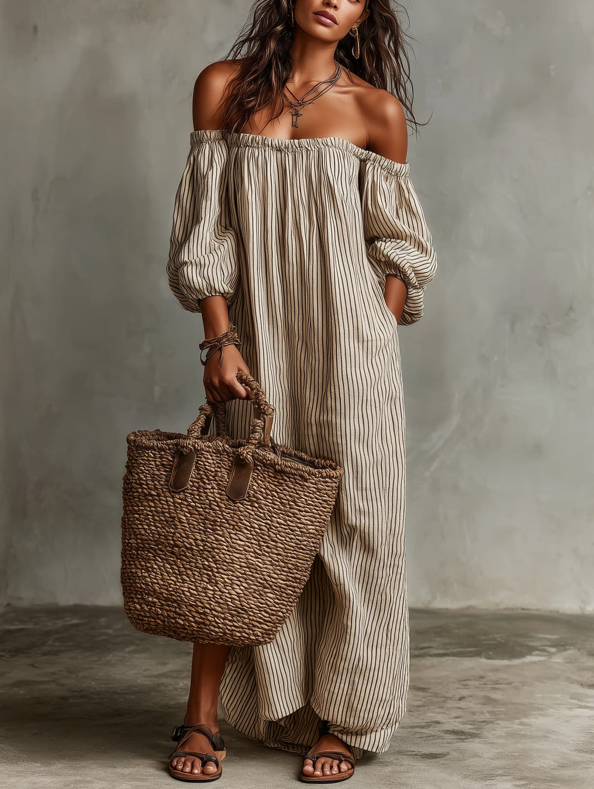 Off Shoulder Dress, Pinstripe Maxi Dress with Long Sleeves 3