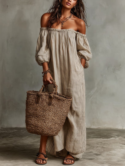 Off Shoulder Dress, Pinstripe Maxi Dress with Long Sleeves 3