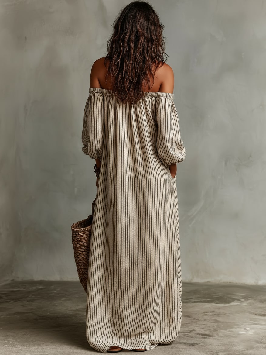 Off Shoulder Dress, Pinstripe Maxi Dress with Long Sleeves 5
