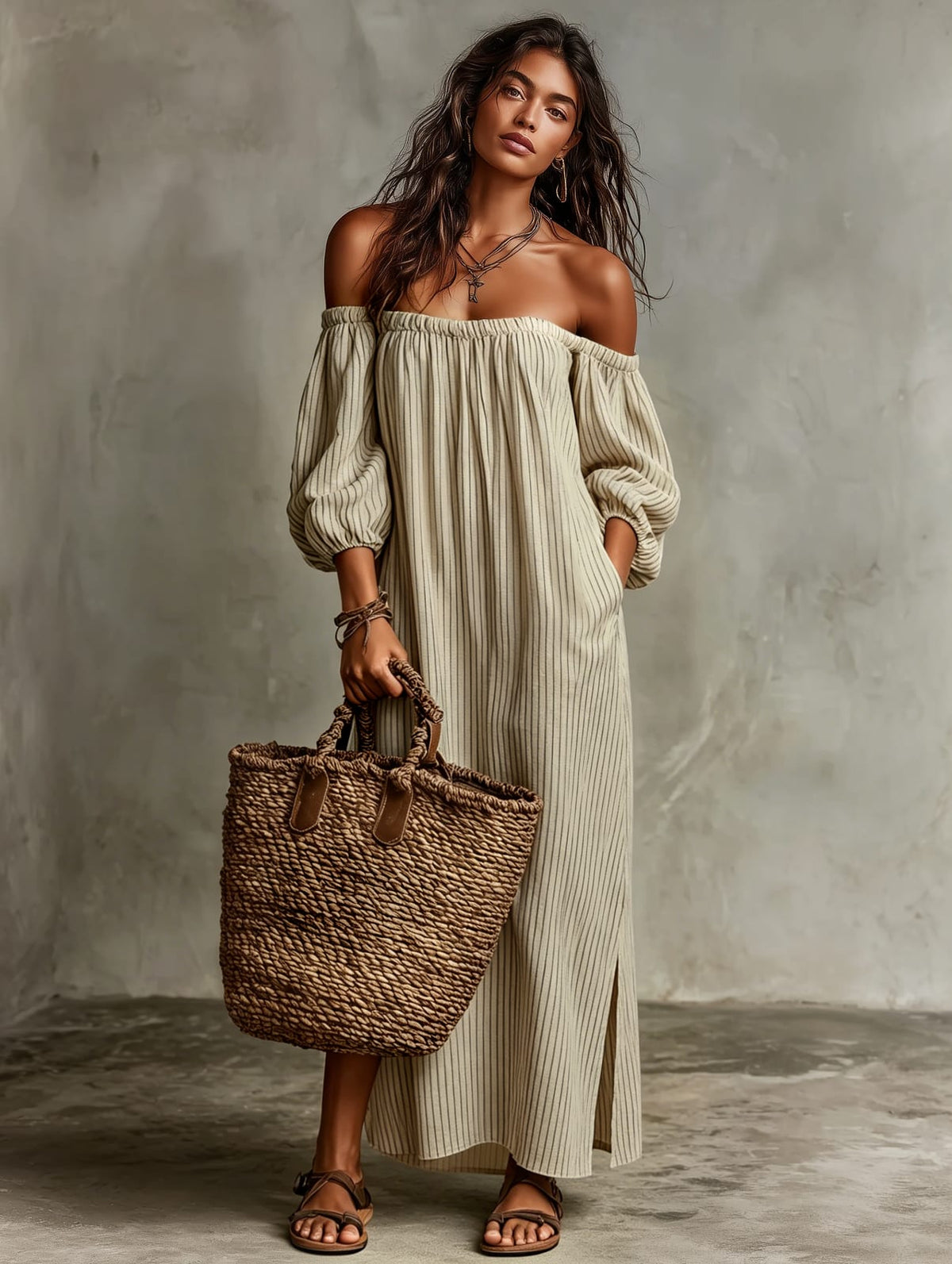 Off Shoulder Dress, Pinstripe Maxi Dress with Long Sleeves 4