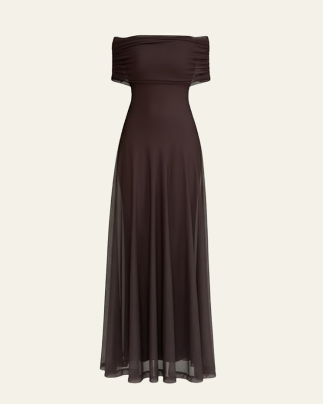 Off Shoulder Maxi Dress in Brown Mesh with Draped Neckline 2