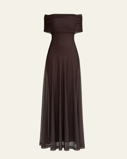 Off Shoulder Maxi Dress in Brown Mesh with Draped Neckline 2