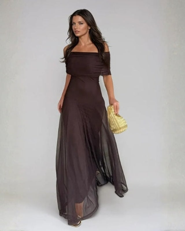 Off Shoulder Maxi Dress in Brown Mesh with Draped Neckline 3