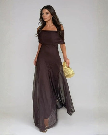 Off Shoulder Maxi Dress in Brown Mesh with Draped Neckline 3