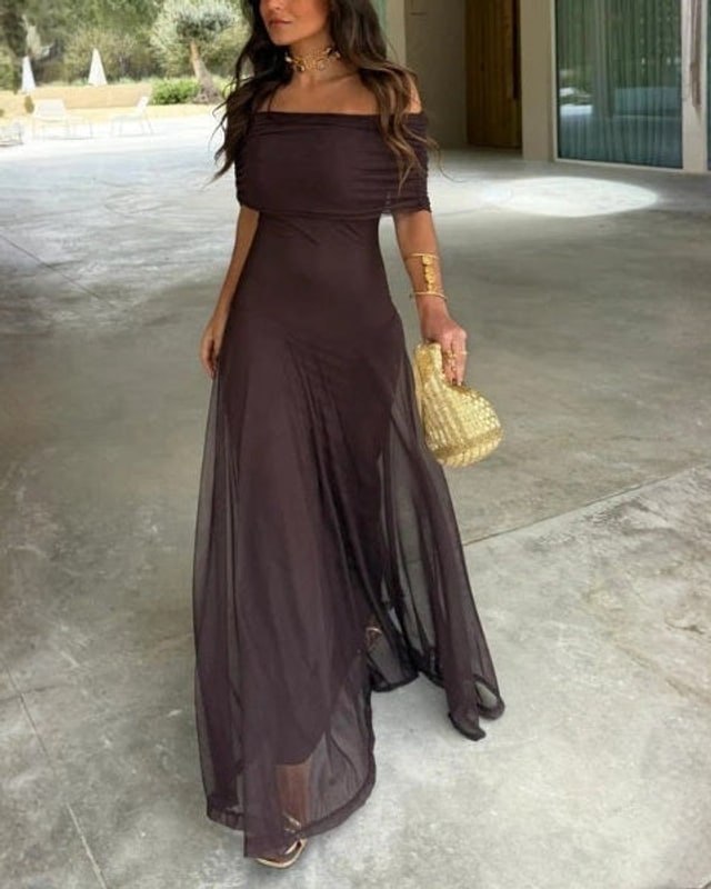 Off Shoulder Maxi Dress in Brown Mesh with Draped Neckline 4