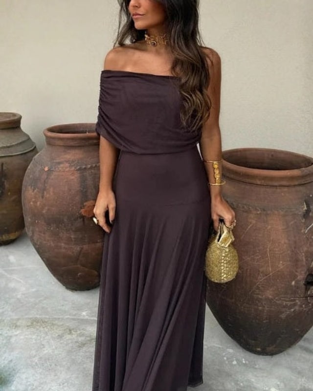Off Shoulder Maxi Dress in Brown Mesh with Draped Neckline 5