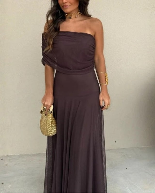 Off Shoulder Maxi Dress in Brown Mesh with Draped Neckline 6