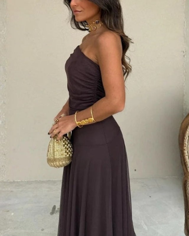 Off Shoulder Maxi Dress in Brown Mesh with Draped Neckline 7