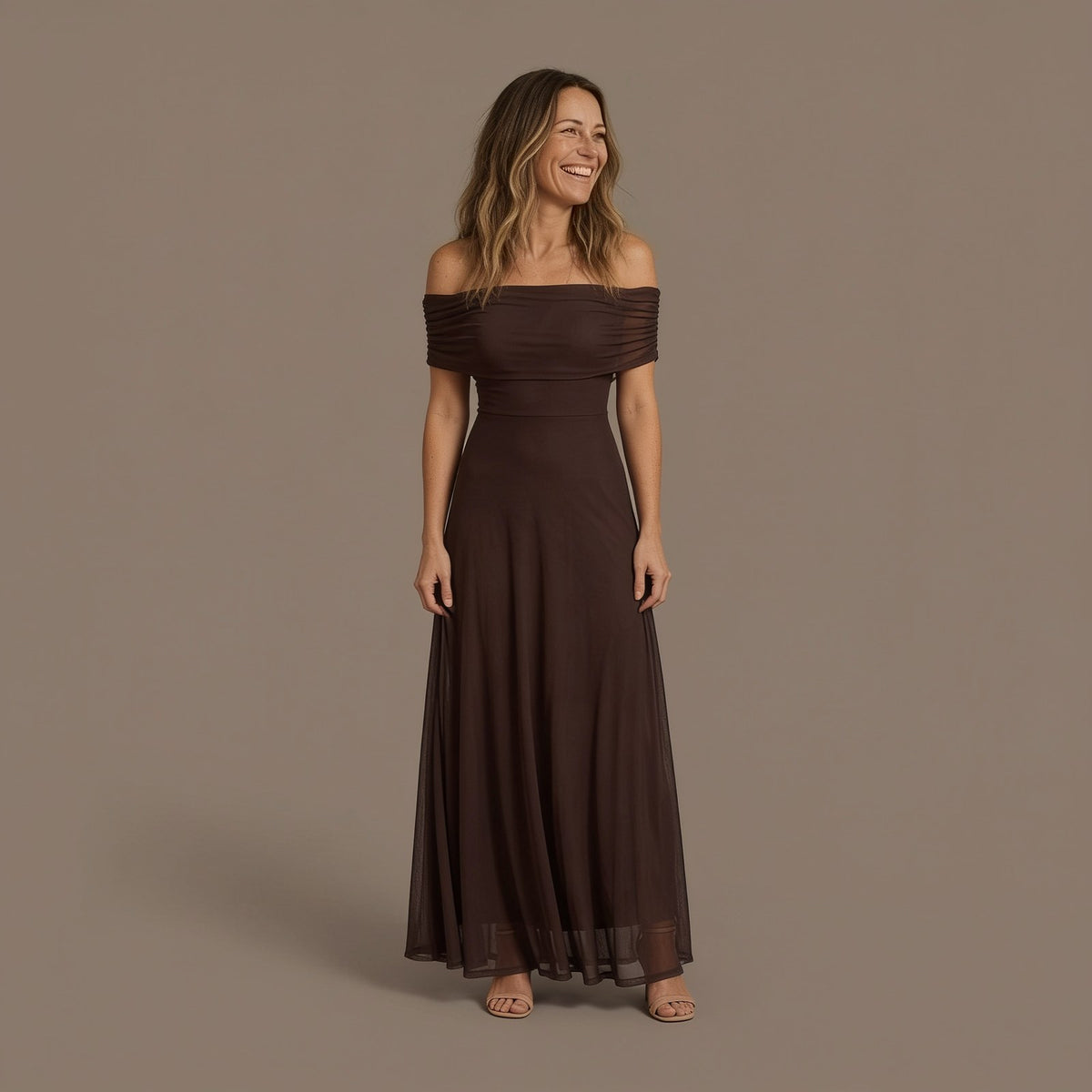 Off Shoulder Mesh Maxi Dress with Draped Neckline