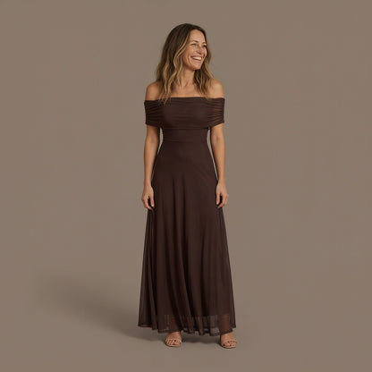 Off Shoulder Mesh Maxi Dress with Draped Neckline