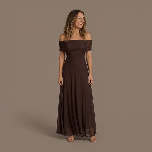 Off Shoulder Mesh Maxi Dress with Draped Neckline