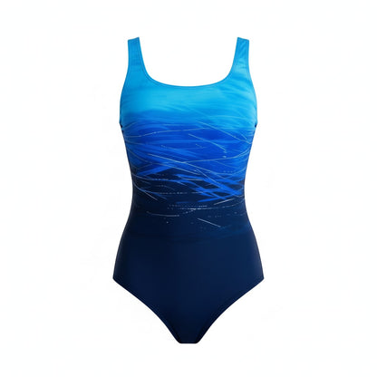 Blue ombre one-piece swimsuit laid flat