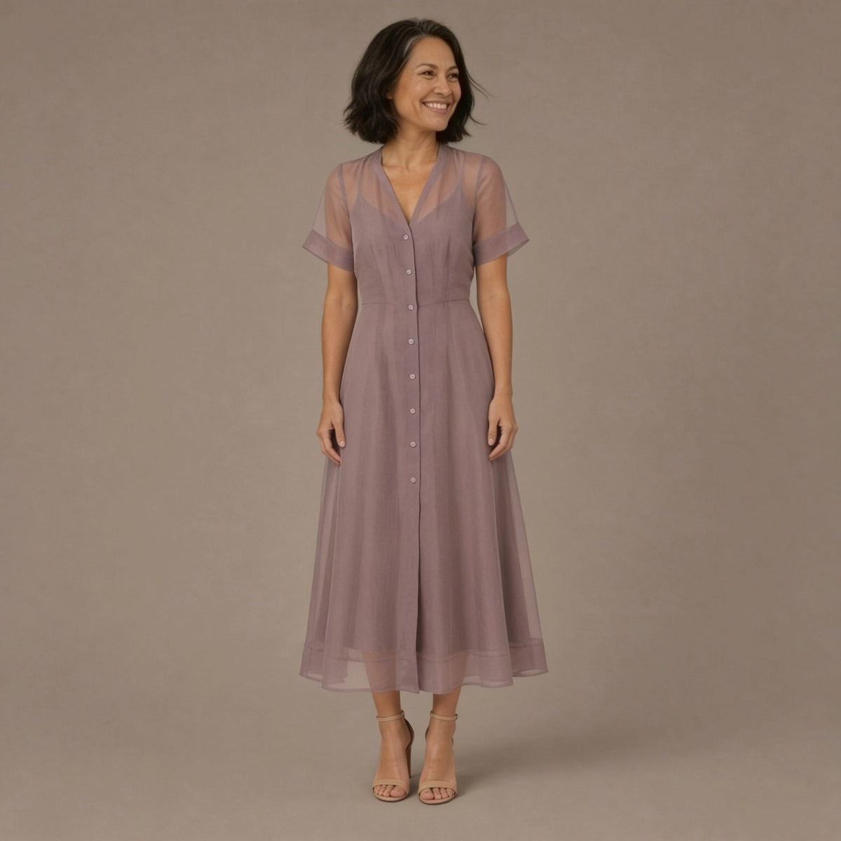 Organza A-Line Button Front Midi Dress