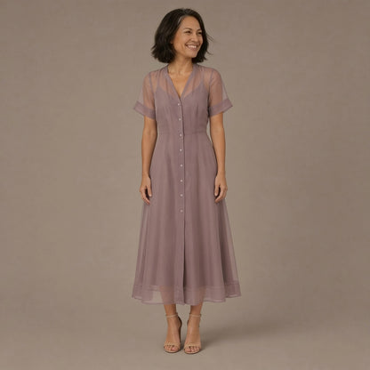 Organza A-Line Button Front Midi Dress