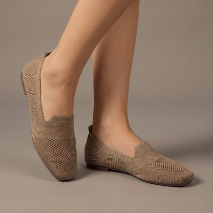 Khaki orthopedic knit square toe slip on flats worn from the side