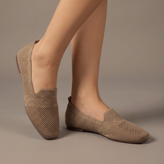 Khaki orthopedic knit square toe slip on flats worn from the side
