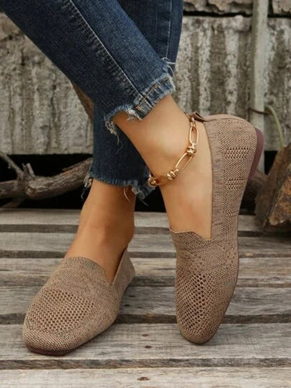 Khaki knit square toe slip on flats worn from the side