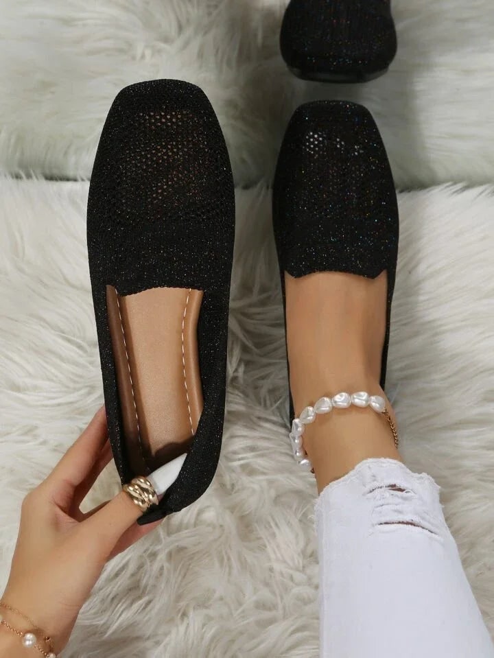 Black knit square toe slip on flats with cushioned insole
