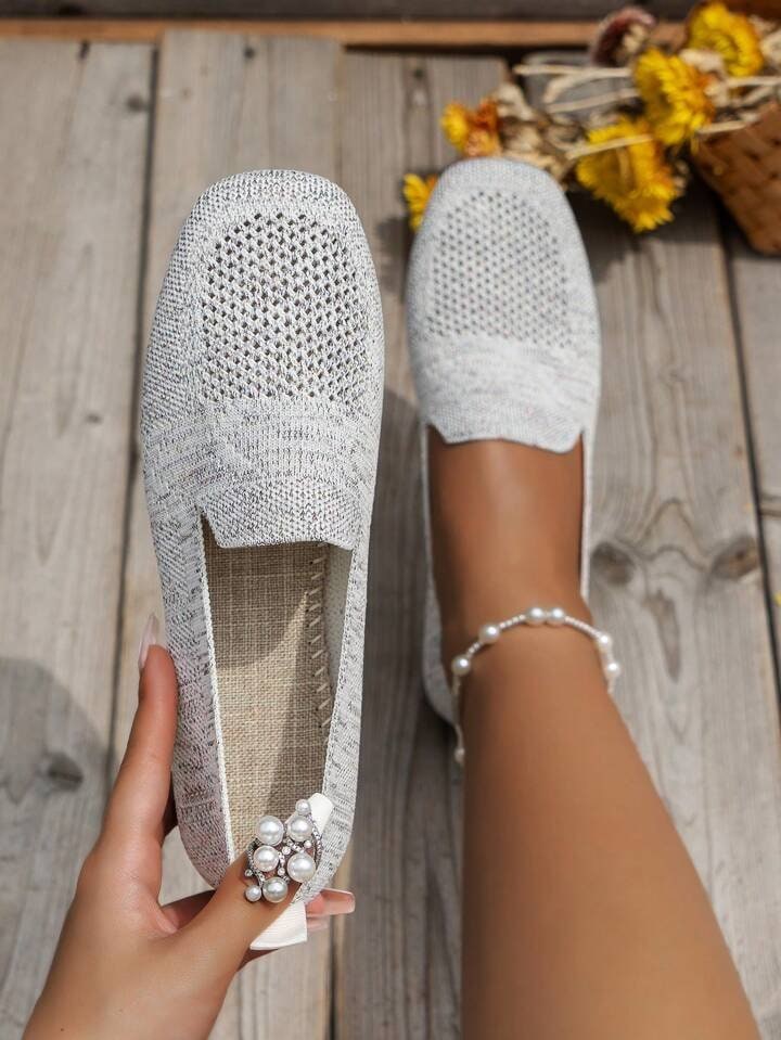 White knit square toe slip on flats with breathable mesh