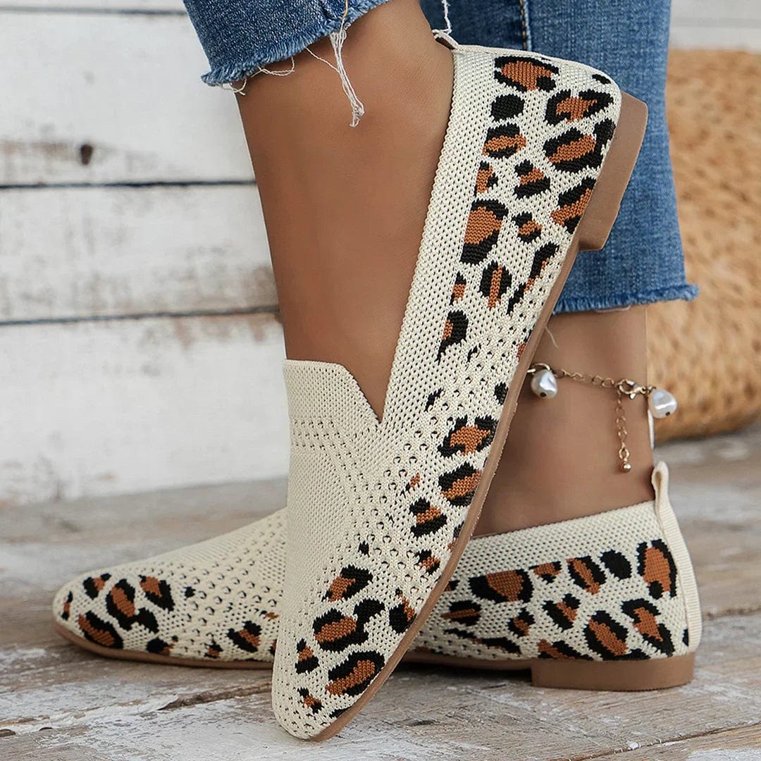 Leopard print knit square toe slip on flats