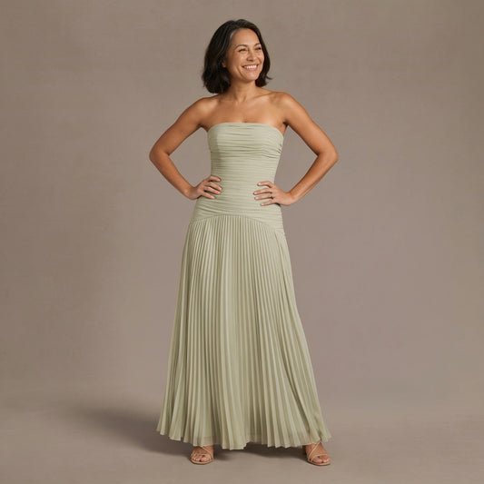 Pleated Maxi Formal Dress, Elegant Strapless Evening Gown with Ruched Bodice