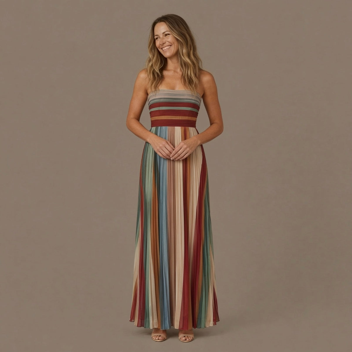 Pleated Striped Strapless Maxi Dress
