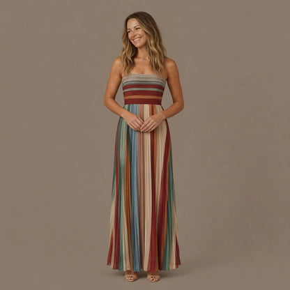 Pleated Striped Strapless Maxi Dress
