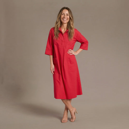 Relaxed A-Line Midi Shirt Dress With Pockets and 3/4 Sleeves