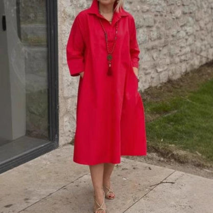 Red A-line midi shirt dress with collar and side pockets 2