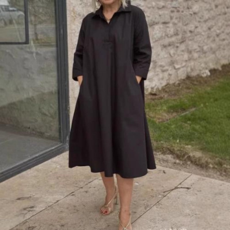 Black midi shirt dress with collar and pockets 7