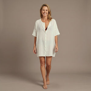 Relaxed Button Front Beach Cover Up with Short Sleeves