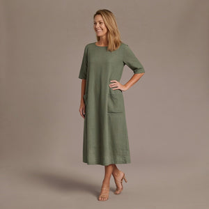 Relaxed Mid Sleeve Dress, Cotton Midi Summer Dress with Pockets
