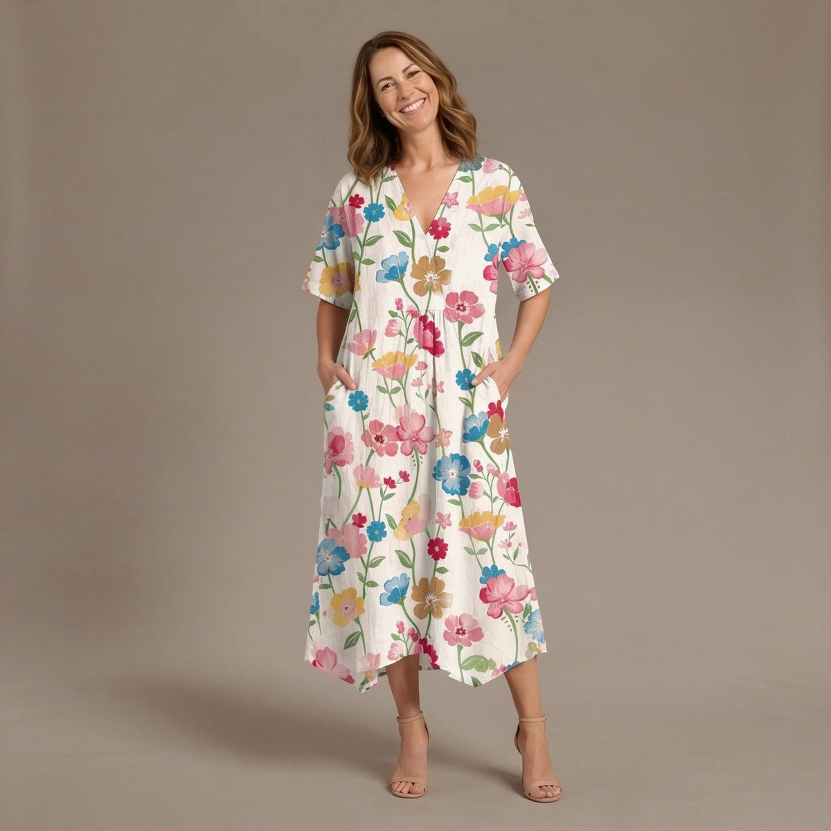 Relaxed Floral Cocoon Midi Dress with V Neck and Pockets