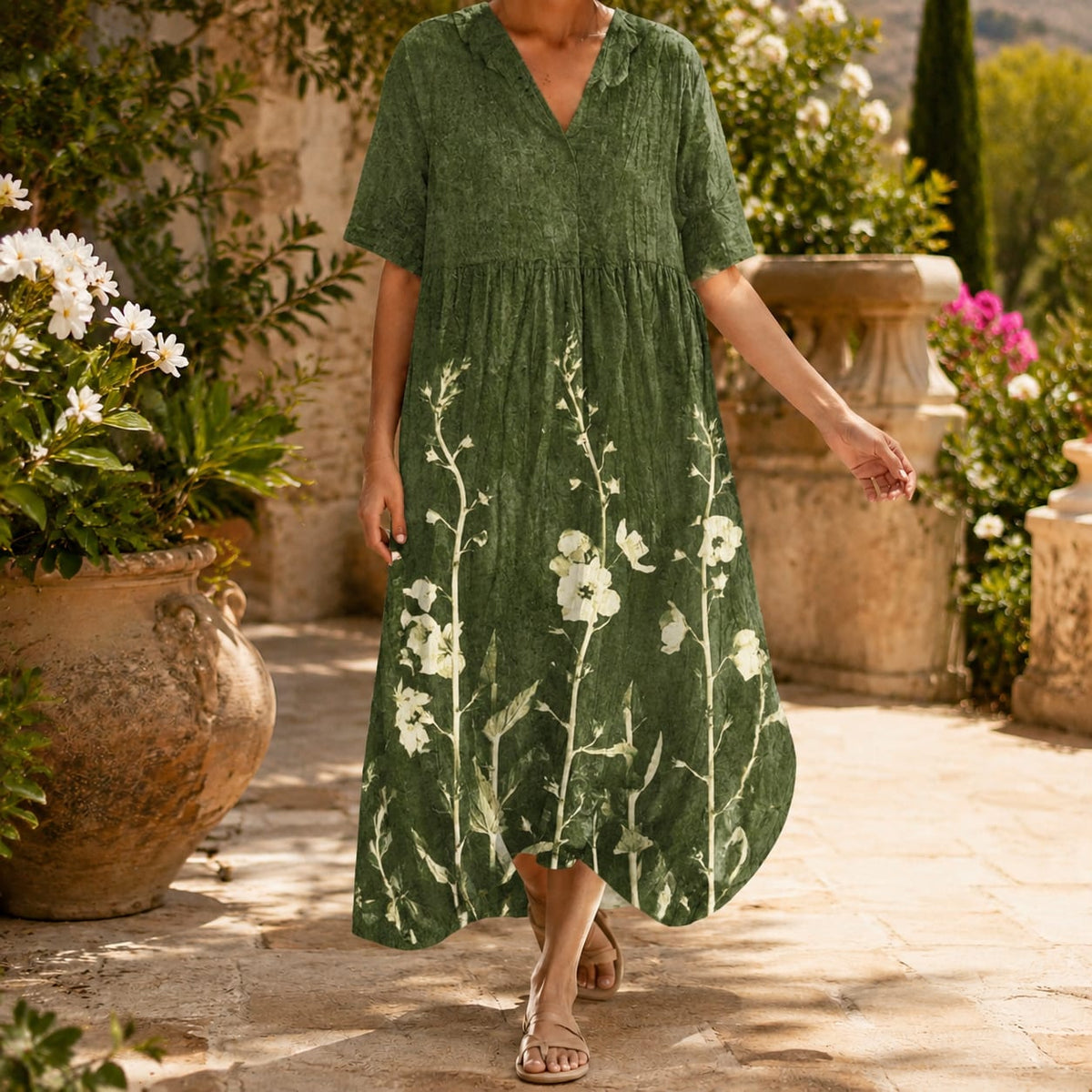Floral Midi Dress with V Neck, Pockets and Cocoon Fit 2