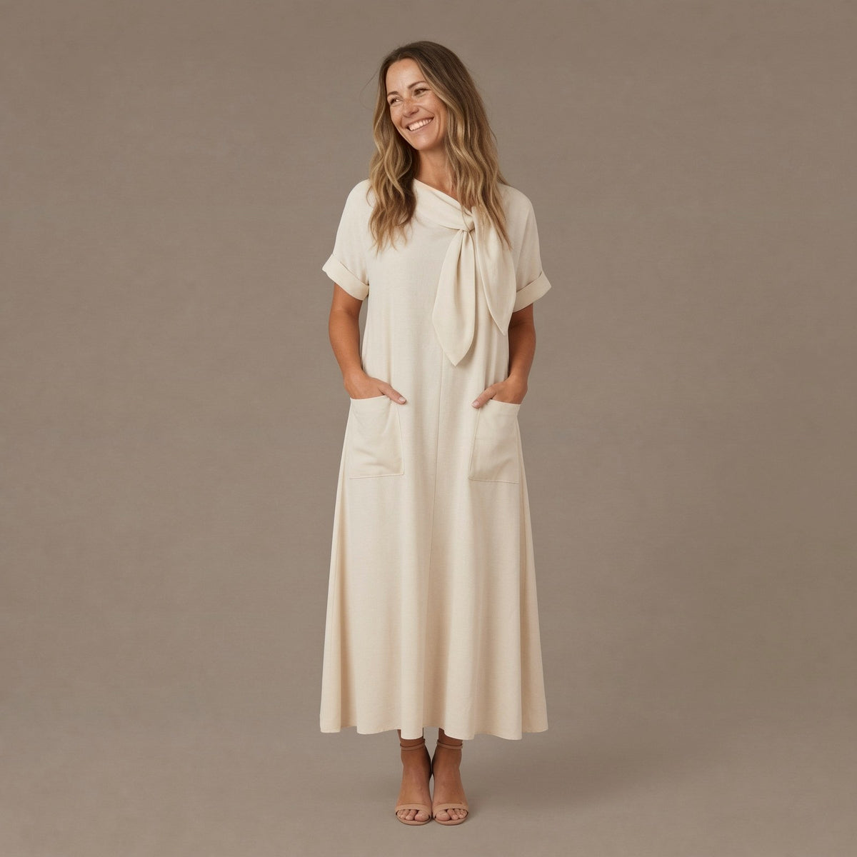 Relaxed Maxi Summer Dress with Front Knot and Patch Pockets