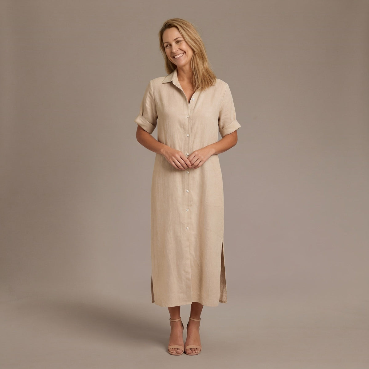 Boho Midi Dress, Relaxed Shirt Dress with Button Front and Short Sleeves