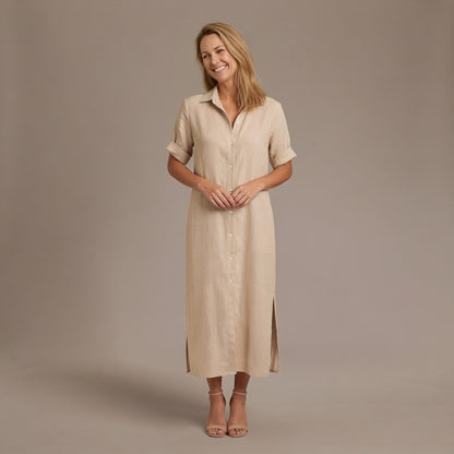 Boho Midi Dress, Relaxed Shirt Dress with Button Front and Short Sleeves