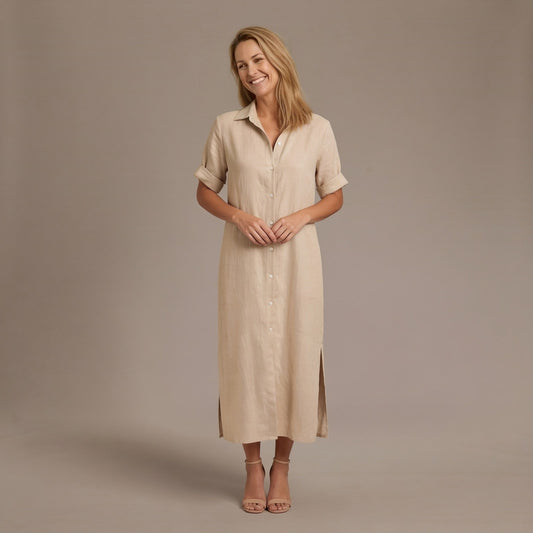 Boho Midi Dress, Relaxed Shirt Dress with Button Front and Short Sleeves