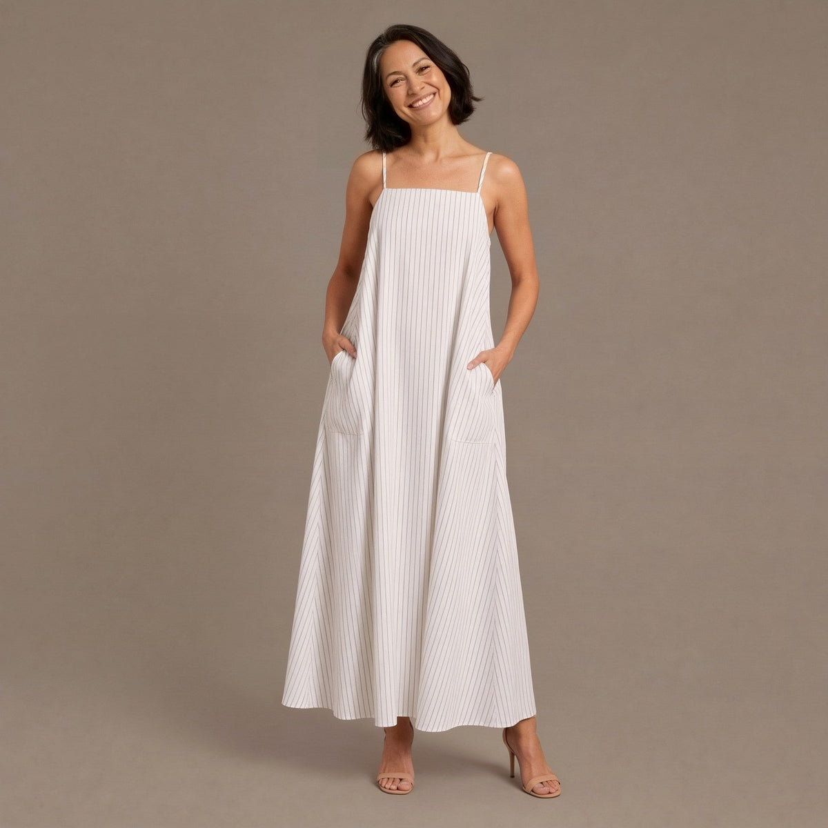 Relaxed Striped Strappy Maxi Summer Dress with Pockets