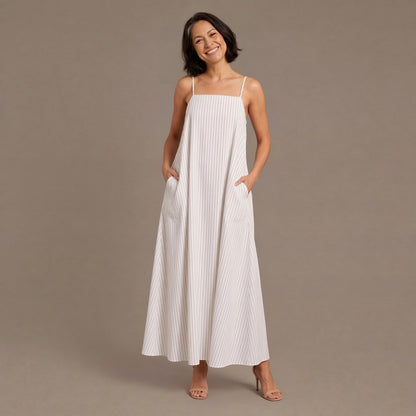 Relaxed Striped Strappy Maxi Summer Dress with Pockets