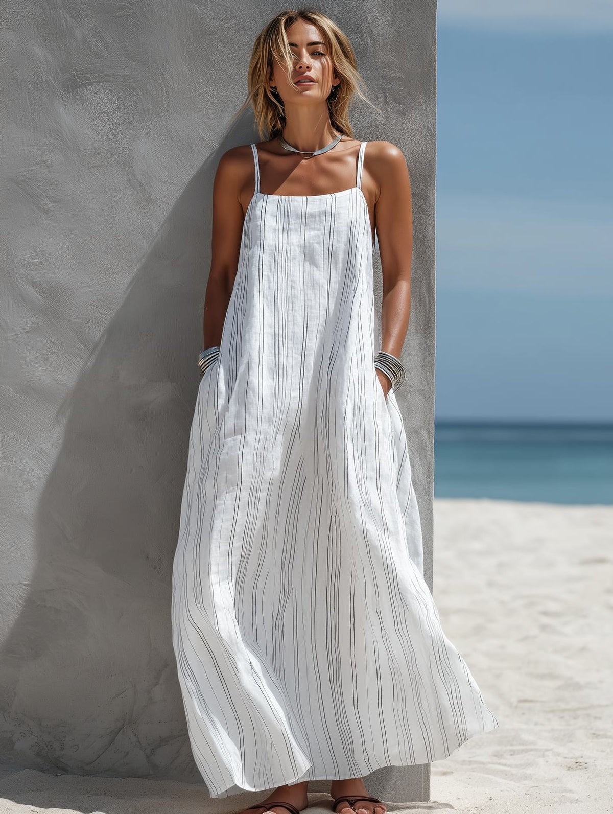 Striped Strappy Maxi Dress, Relaxed Summer Dress Pockets 2