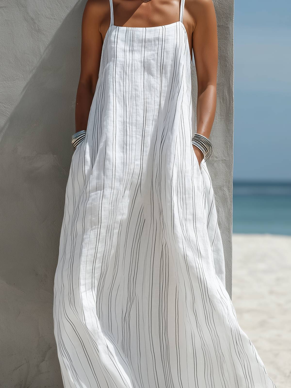 Striped Strappy Maxi Dress, Relaxed Summer Dress Pockets 3