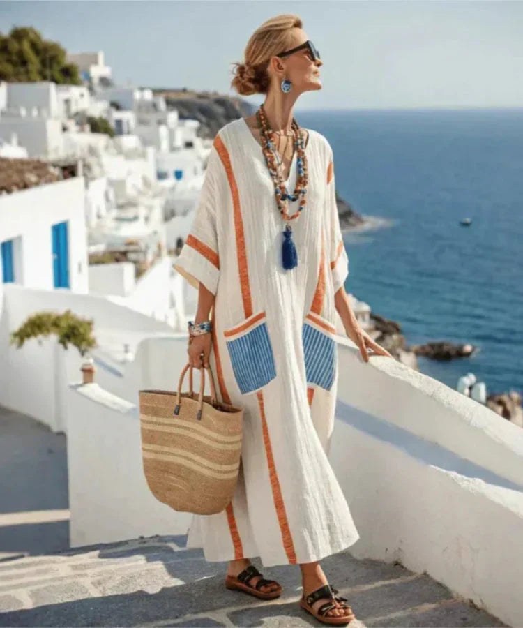 V Neck Kaftan Maxi Dress, Relaxed Striped Summer Dress 2