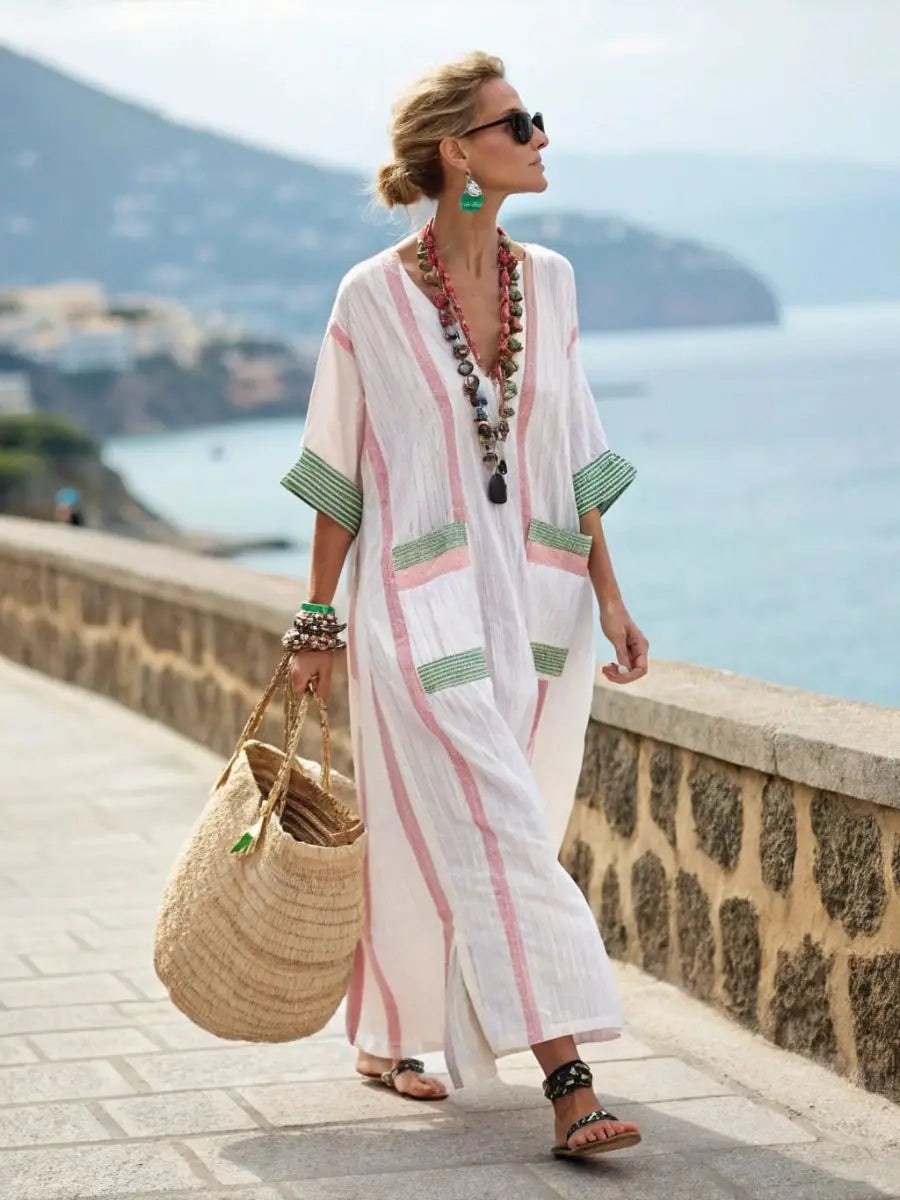 V Neck Kaftan Maxi Dress, Relaxed Striped Summer Dress 6