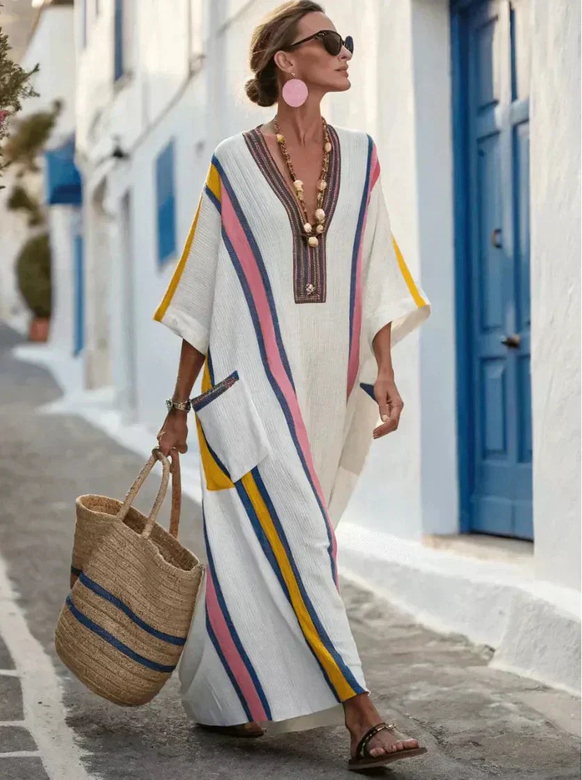 V Neck Kaftan Maxi Dress, Relaxed Striped Summer Dress 3