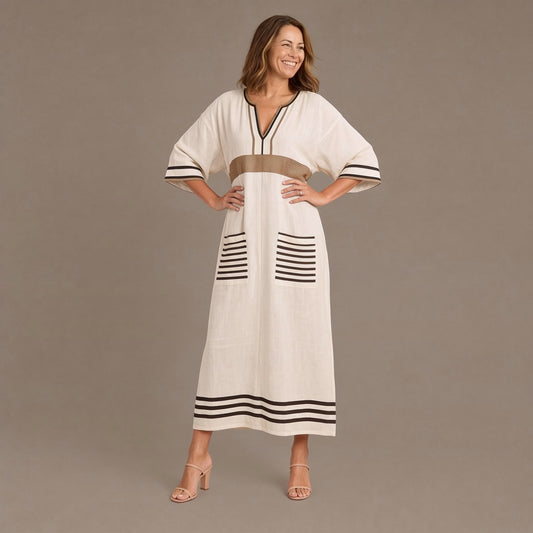 Relaxed V Neck Kaftan Maxi Summer Dress with Striped Trim