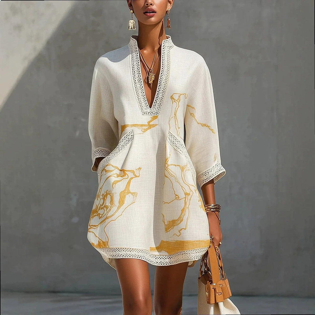 V Neck Mini Dress with Lace Trim, Gold Print and Pockets 2