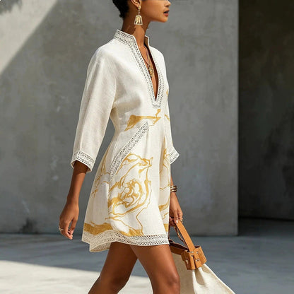 V Neck Mini Dress with Lace Trim, Gold Print and Pockets 3